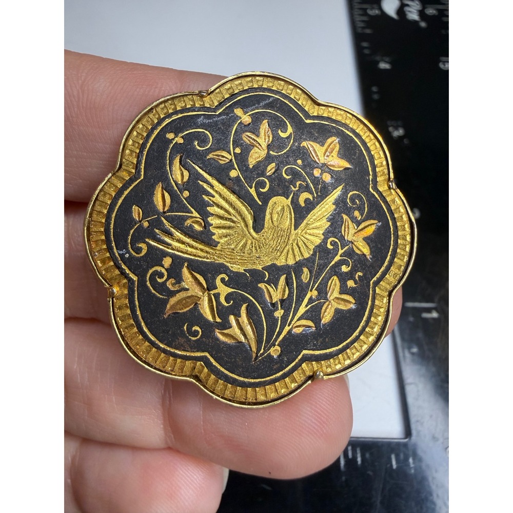 Vintage Damascene Style Bird and Butterfly Scalloped Round Brooch Pin Gold Tone